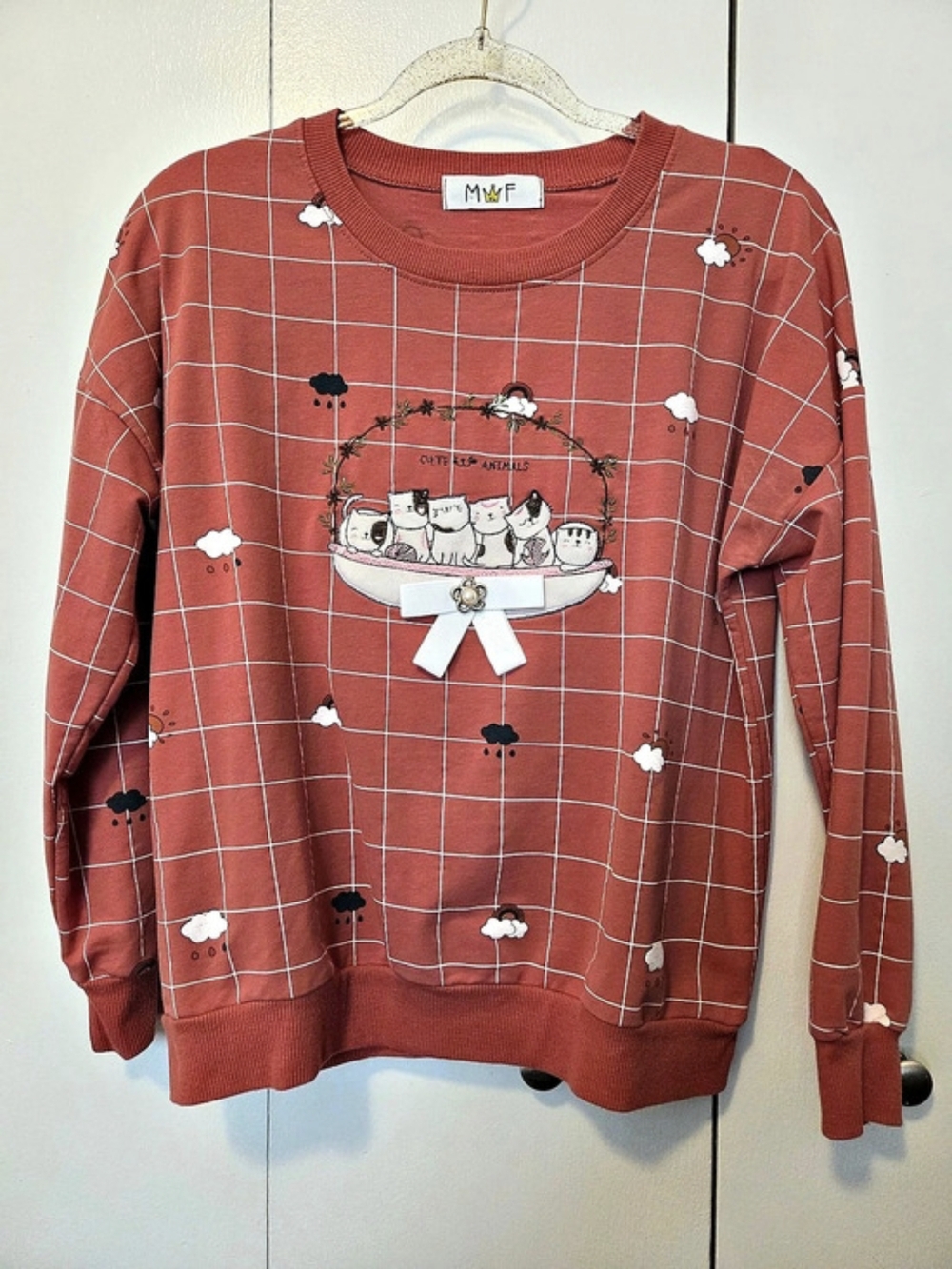 M&F Women's Cat Embroidered Graphic Checkered Sweatshirt in Red NO SIZE